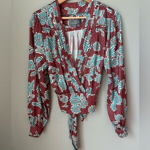 Anthropologie Burgundy Floral Wrap Blouse with Aqua Accents